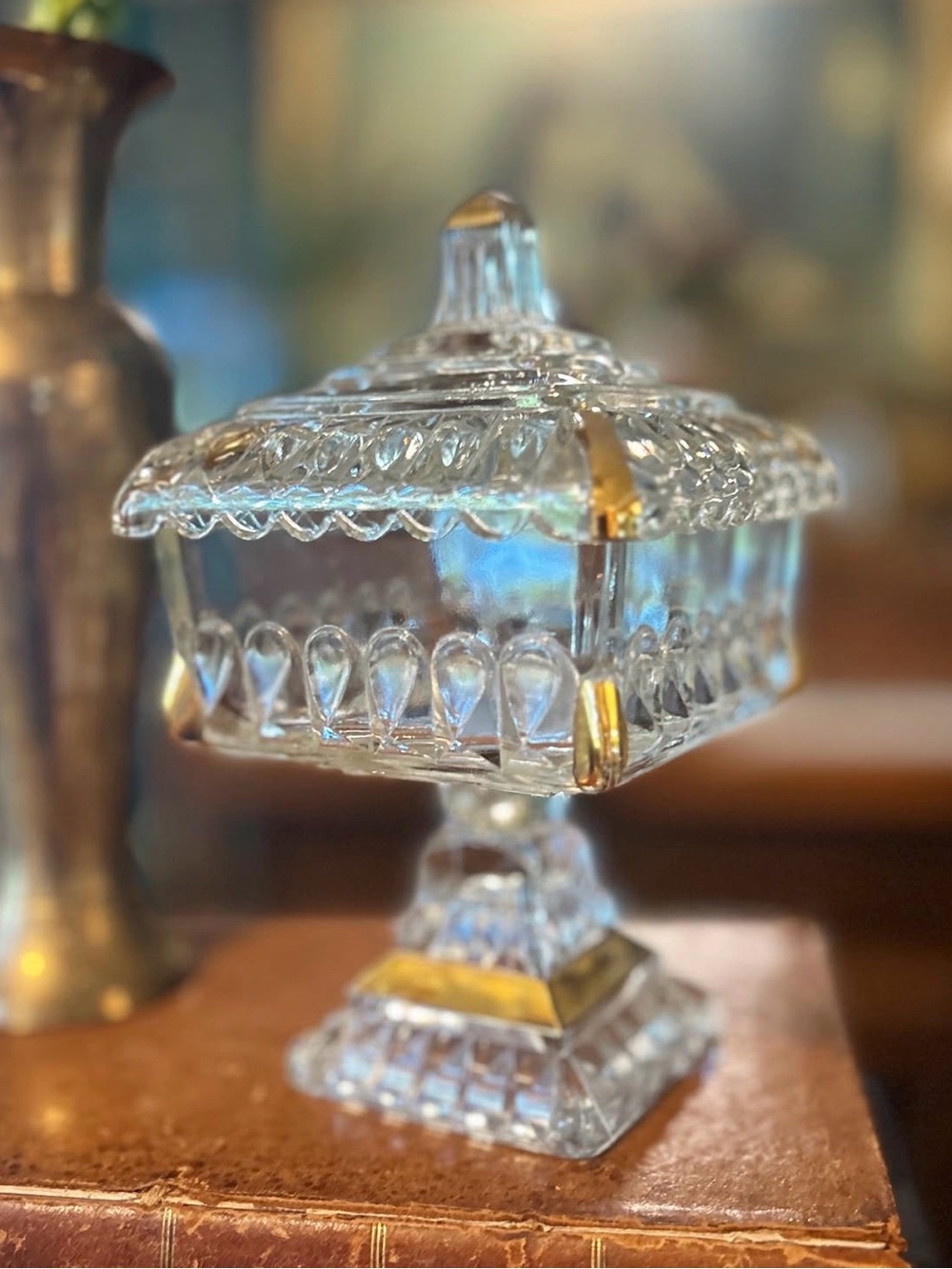 Vintage Glass Wedding Cake Box with Gold Accents